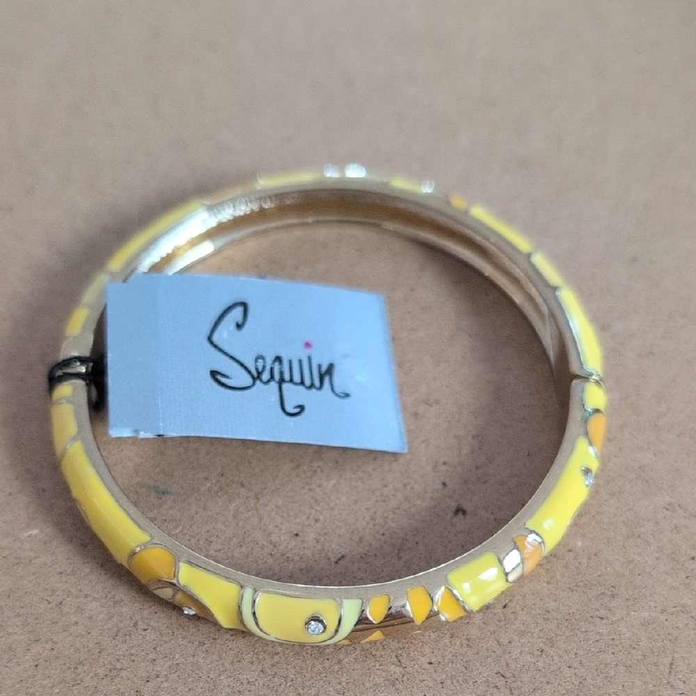 Sequin Enamel and Crystal Yellow and Gold Bangle Bracelet